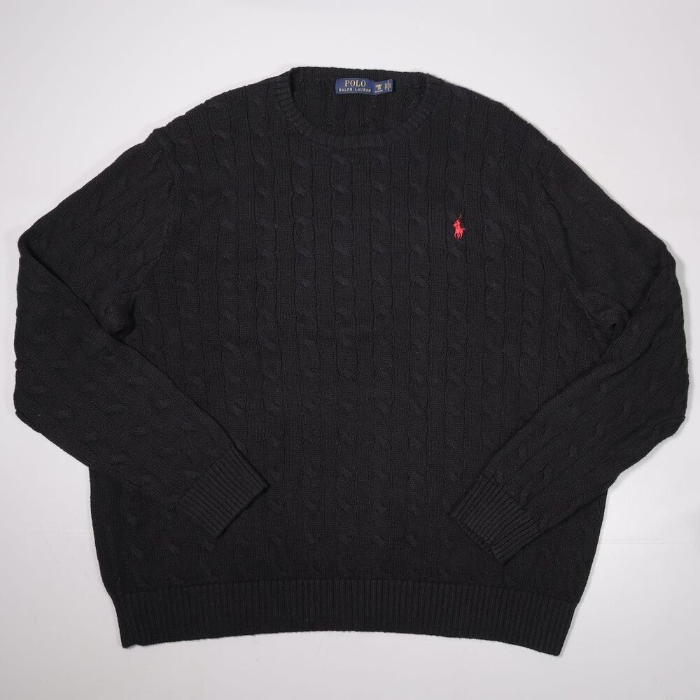 Polo Ralph Lauren Sweater Mens 2XB Big Black Cable Knit Cotton Crew Neck
